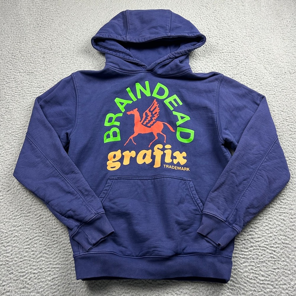 Brain Dead Grafix Hoodie Adult XS Extra Small Blue Hooded Pullover Heavyweight